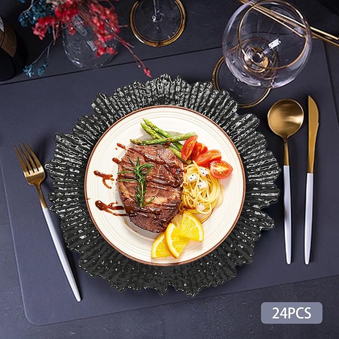 24 PCS Charger Plates Bulk, 13 Inch Floral Reef Plastic Charger Dinner Plates Round Service Plates Decorative Chargers Bulk for Table Setting Wedding Party Event(Black)