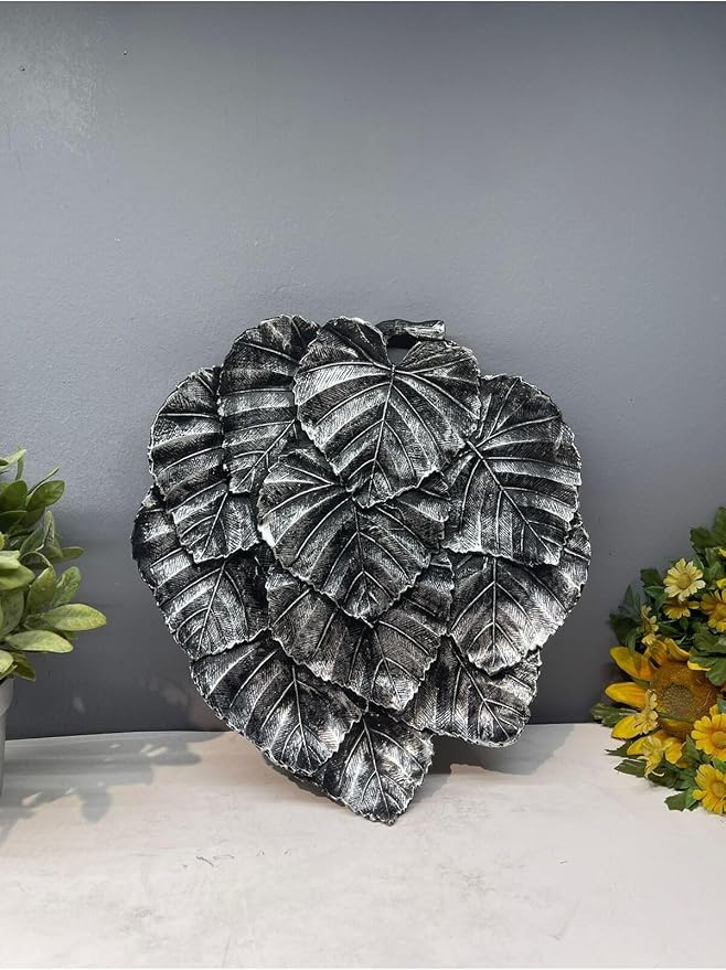 Leaf Shaped Serving Tray Decorative Polyester Silver and Black Antique Finish Abstract Home Decor, 12x10 Inch - Silver and Black Antique, One Size