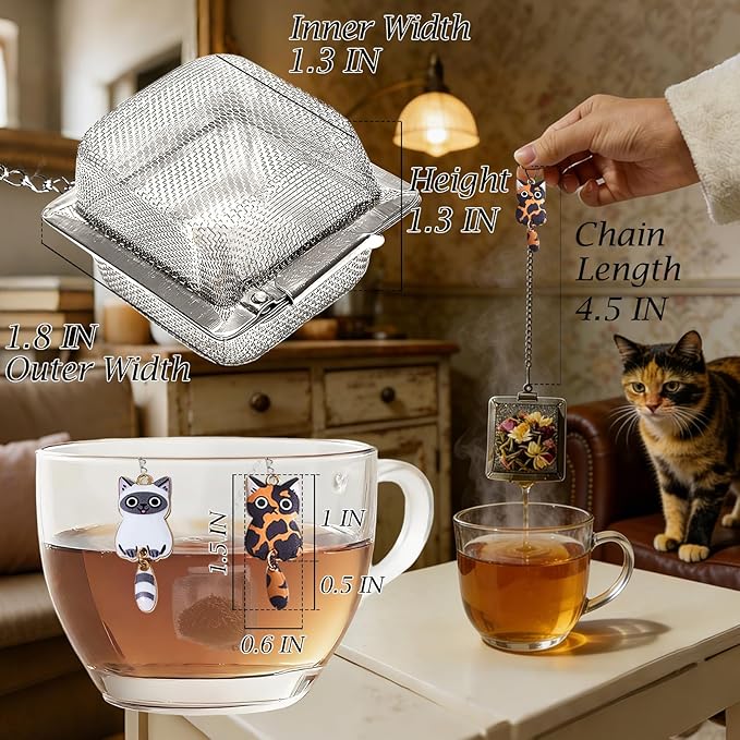 Cat Tea Infuser Set, 2PCS Cubic Loose Leaf Tea Steeper Reusable Stainless Steel Mesh Bags, Cute Tea Strainer with Moving-Tail Cat Charms (Ragdoll & Tortoiseshell)