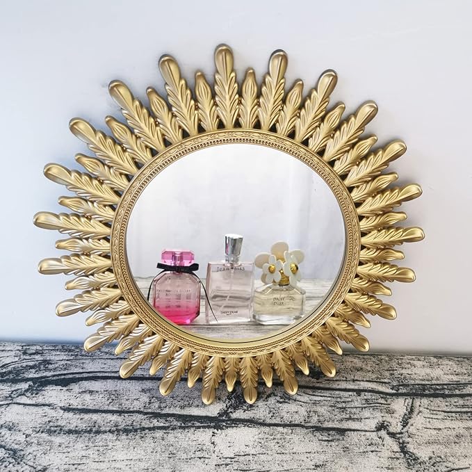Ham Hamphinee Feather Mirror Tray, Decorative Wall Mirror, Vintage Home Décor for Living Room, Kitchen, Bedroom, or Hallway, for Table Top or Wall Hanging Display, 12”X12”, Gold