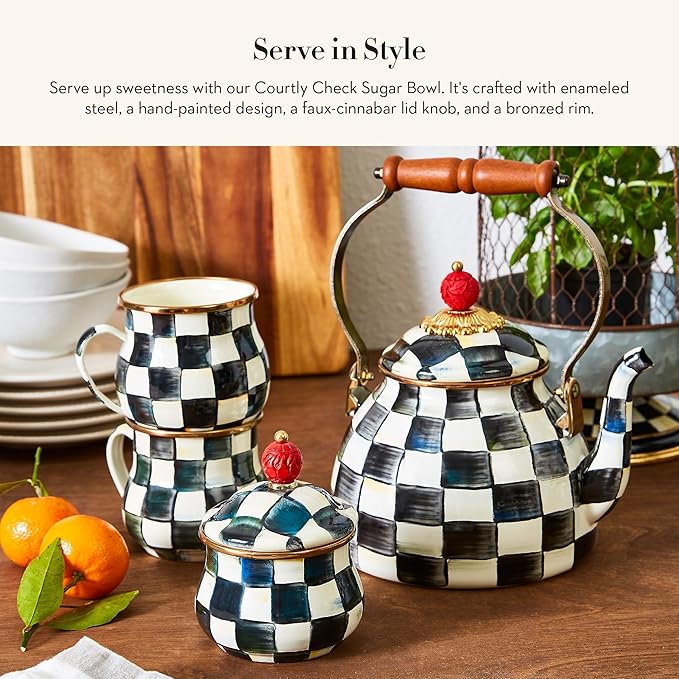 MACKENZIE-CHILDS Enamel Lidded Sugar Bowl, Small Serving Bowl with Lid, 10-Ounce Capacity, Black-and-White Courtly Check