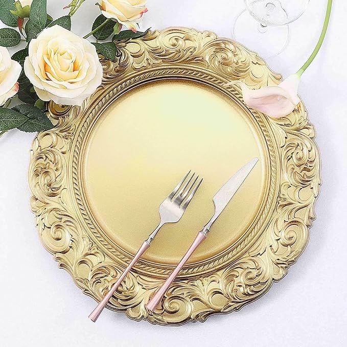 Efavormart Set of 6 GOLD 14" Round Plastic Charger Plates With Engraved Baroque Design Rim For Wedding Party Events