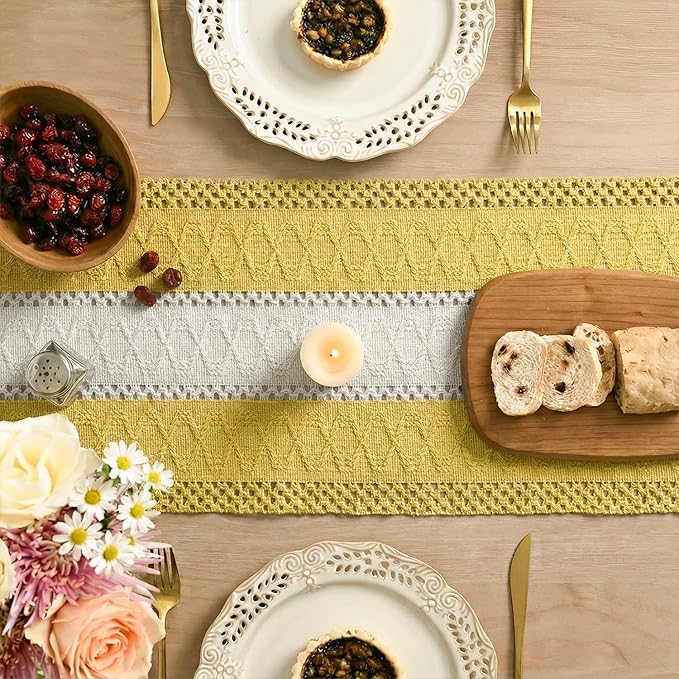 Artoid Mode Yellow Farmhouse Rustic Table Runner, Seasonal Hollow Kitchen Dining Table Decoration for Home Party Decor 12x120 Inch
