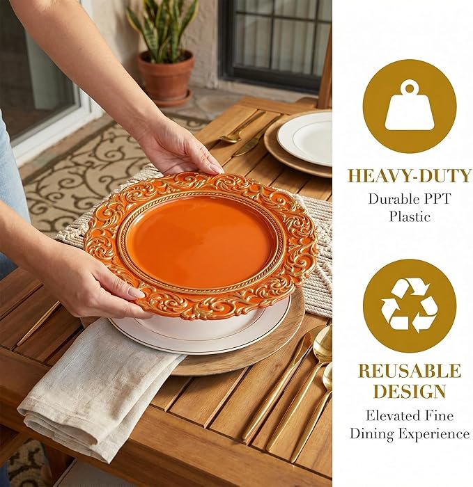 Orange Charger Plates with Gold Embossed Rim, 13 Inch Plastic Charger for Dinner, Party, Wedding, Table Setting. (Set of 6)