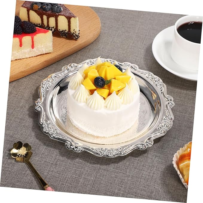 Sewroro Silver Serving Tray Round Iron Dessert Platter Snack Serving Platter for Home Entertaining and Jewelry Display