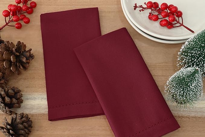 PurpleEssences Set of 12 Hemstitch Cloth Dinner Napkins 100% Cotton - Soft Durable Washable - Ideal for Wedding Spring Easter Summer - Perfect Everyday Use Table Linen 18x18 - Burgundy