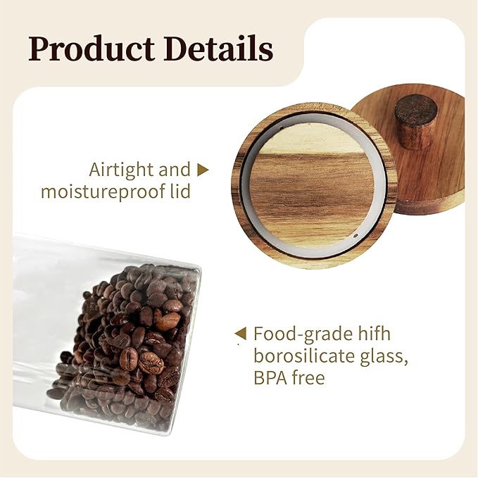 Glass Food Storage Jar with Acacia Wooden Lid and Spoon, Airtight Container for Cereals, Cookies, Snacks, Kitchen Canister Set (2 Pcs, Medium/20oz)