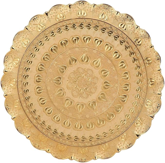 Semme Vintage Turkish Coffee Serving Tray with Embossed Pattern Multi Purpose Round Metal Plate for Home Bar and Special (Gold)