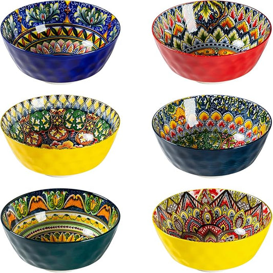 Henten Home Ceramic Soup Bowls Set of 6, 25 oz Porcelain Cereal Bowl Set, Colorful Bohemian Style Serving Bowls for Salad, Pasta, Oatmeal, Microwave & Dishwasher Safe