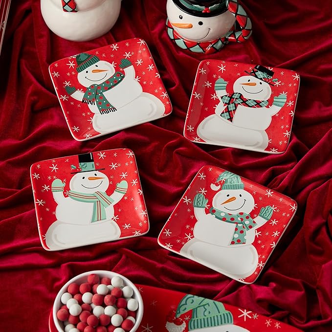Christmas Whimsy Snowman Set of 4 Canape Plates – 6-Inch Square Ceramic Appetizer Plates Featuring Assorted Snowmen in Winter Attire – Holiday Party Ready – Microwave & Dishwasher Safe