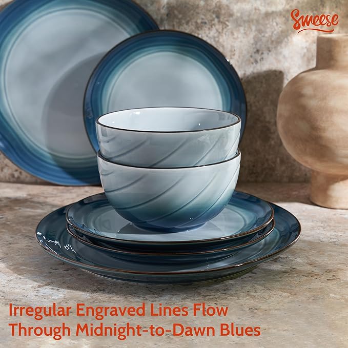 Sweese Porcelain Dinnerware Sets for 6, 18 Pieces Ceramic Plates and Bowls Sets, Handcrafted Minimalist Dinner Set, Chip and Scratch Resistant Dish Set, Dishwasher & Microwave Safe, Ocean Blue