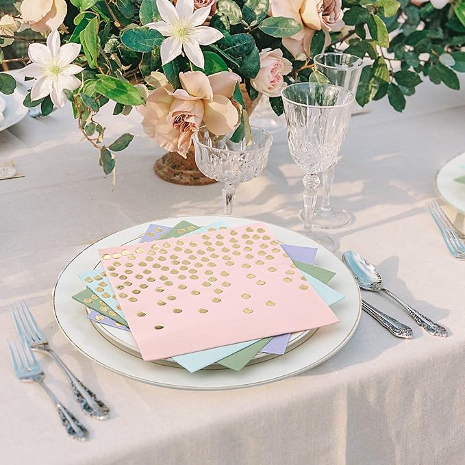 80 Pack of Paper Cocktail Napkins with Gold Foil Polka Dot Confetti，Polka Dot Party Supplies(5 x 5 in，2-ply) (80, pink green blue purple)