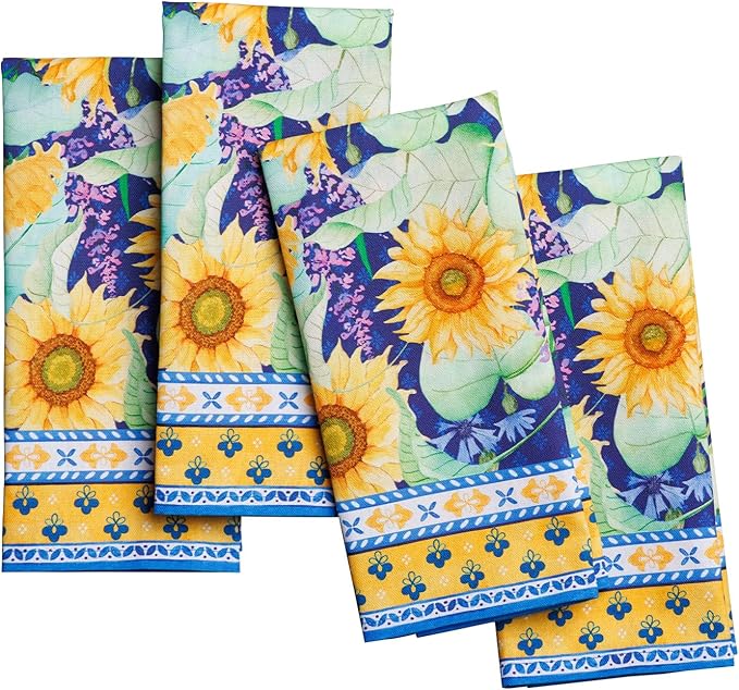 Maison d' Hermine Cloth Napkins Set of 4 100% Cotton Soft & Durable Everyday Reusable Square Napkins Cloth Washable, Dinner, Cocktail Party, Wedding, Restaurant (Sunflower Days, 18" x 18")