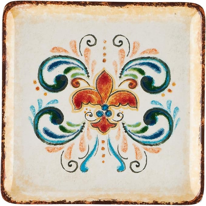 UP UPware Tuscany Melamine Square Dessert Plates, Small Serving Plates, for Appetizer, Snacks, and Side Dishes, Multicolor, 5.88 Inch, Set of 4
