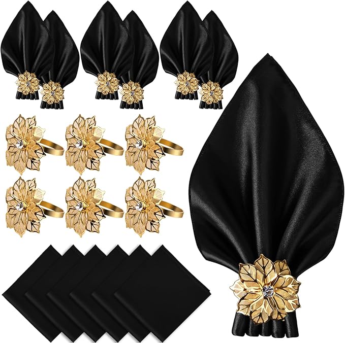 CROWN GUIDE 12 Pack Gold Napkin Rings and Cloth Napkins Set of 6, 17x17 Satin Cocktail Napkins Bulk Table Napkins Holder for Wedding Reception Personalized Napkins Bridal Shower for Party Decorative