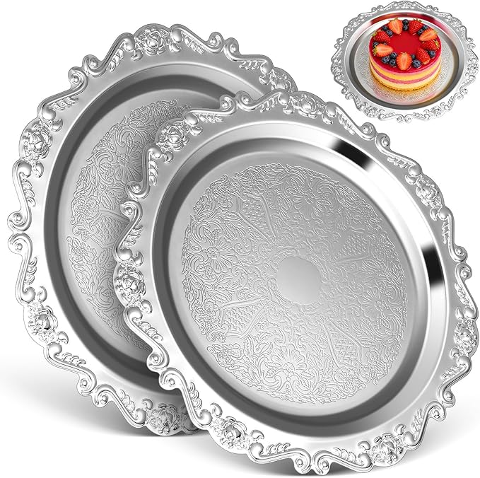 Kichvoe 2pcs Silver Tray Retro Metal Tray for Snacks and Desserts Vintage Jewelry Plate Elegant Serving Platter for Family Gatherings Parties and Home Decor, 9. 8"/25cm
