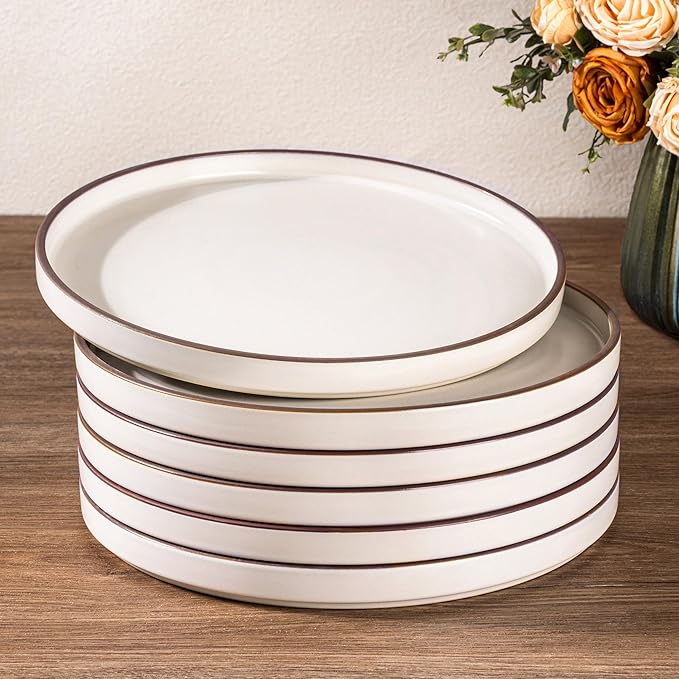 LERATIO Dinner Plates,10.25 Inch Ceramic Flat Plates Set of 6,High Edge Modern plates for Kitchen,Microwave & Dishwasher & Oven Safe, Scratch Resistant Dishes Set-White with Rim