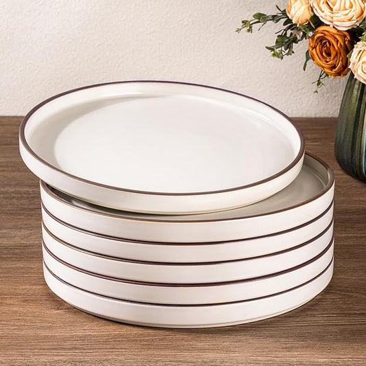 LERATIO Dinner Plates,10.25 Inch Ceramic Flat Plates Set of 6,High Edge Modern plates for Kitchen,Microwave & Dishwasher & Oven Safe, Scratch Resistant Dishes Set-White with Rim