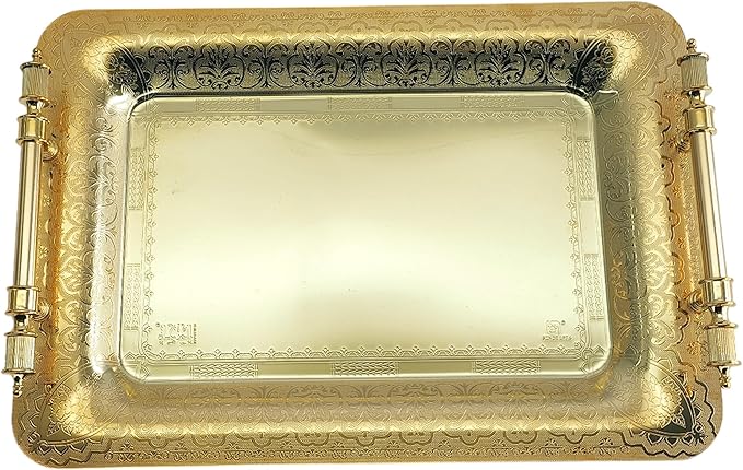 (Pack of 2) 15.7 inch x 11 inch Oblong Iron Gold Plated Mirror Serving Tray with Handles Floral Engraved Decorative Party Birthday Dessert Wine Decor Platter Plate Base Dish NC-014