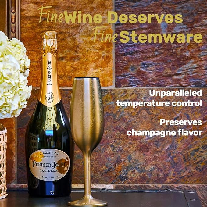 NEWPORT Stemware Collection, Premium Vacuum Insulated Stainless Steel Sparkling Wine & Champagne Flute, Crystal Thin Champagne Glass, Unbreakable & Drinks Stay Cold, Non-Slip Silicon Base, 6oz, Black