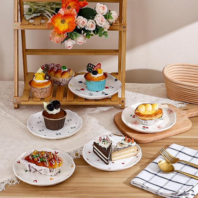 Koythin Ceramic Dessert Plates, Cute Fruits Dinner Plate, Creative Plates Design, Printed Flowers Dinnerware for Office and Home, Kitchen Plates for Desserts (Black Small Bow)