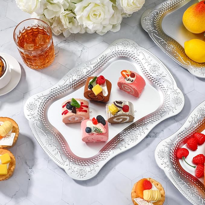 Layhit 10 Pcs Plastic Serving Trays 13" x 9" Rectangle Platters for Dessert Display Tray for Decoration Embossed Serving Platter Dish for Parties, Weddings, Engagements, Birthdays (Silver)