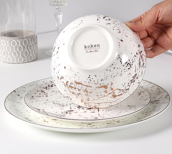 KOKEN - Plates and Bowls Sets for 4, Dinnerware Sets 16 Pc, Ceramic Dish Set, Round Dinner Set with Mugs, Dishwasher Microwave Safe, kitchen sets, Dishes set for 4 Christmas (Gold Christmas dinner)