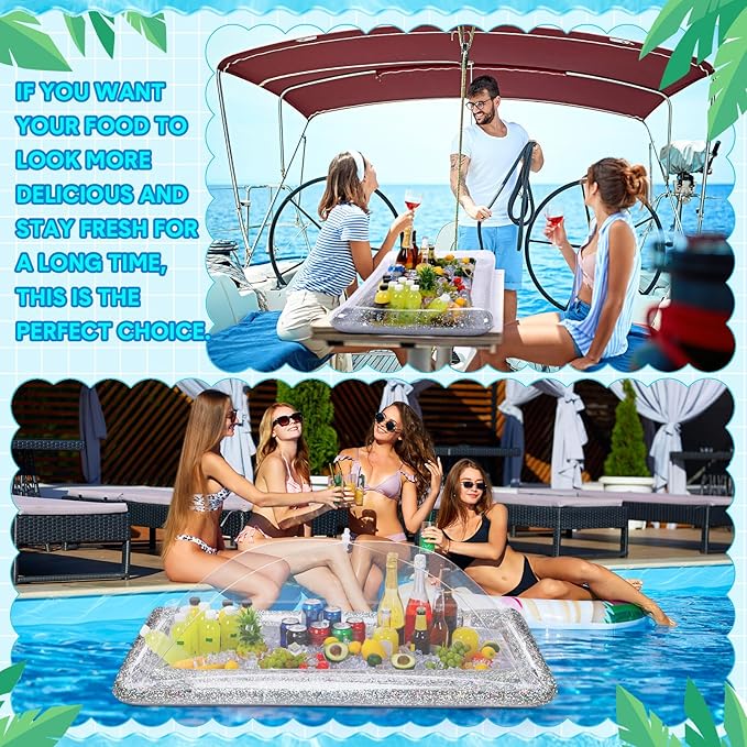 8 Pcs Glitter Inflatable Serving Bar Kit Includes 2 Salad Buffet Tray with Drain Plug 5 Mesh Food Cover 1 Inflator Inflatable Food Drink Containers for Outdoors Pool Party Camping(Silver)