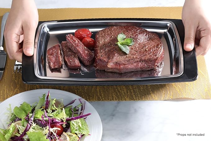 New Star Foodservice 26672 Rectangular Stainless Steel Sizzling Platter with Insulated Holder, 11" x 7.25", Black
