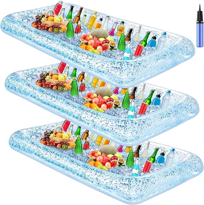 Leitee 3 Pcs Inflatable Serving Bar 52 x 24 x 5'' Ice Buffet Serving Tray Drink Cooler with Drain Plug Inflatable Pool Bar for Party Food Drink Holders with a Hand Pump(Glitter Blue)