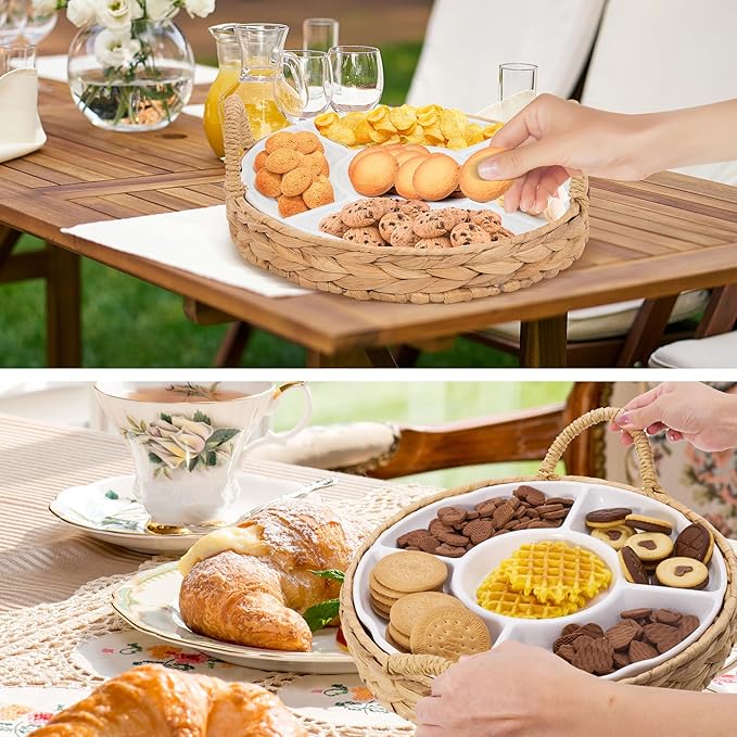 GENMOUS Chips and Dip Serving Tray, 13" Divided Serving Trays for Dips Candy, Water Hyacinth with 5 Sectional Melamine Appetizer Relish Trays for Parties