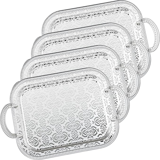 4 Pcs Silver Serving Tray with Handles Elegant Victoria Floral Engraved Metal Platters Large Decorative Trays for Buffet,Wedding Party, Jewelry Display, Service(Retro,Sliver)
