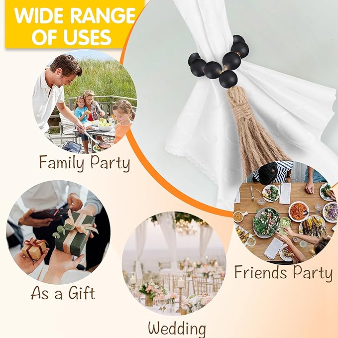 Meplait 6 Pieces Wooden Bead Napkin Rings, Farmhouse Stretchable Napkin Ring with Tassel Boho Napkin Rings for Dining Table,Wedding Decoration (Black)