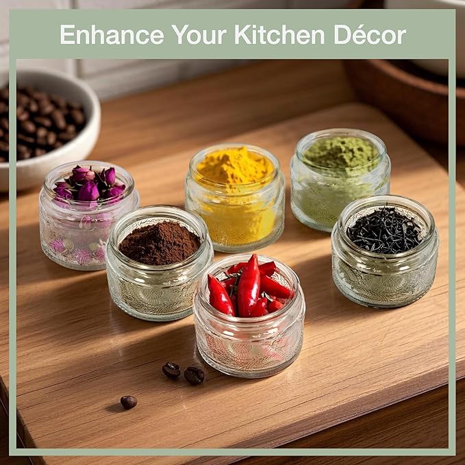 4 oz Colored Mini Glass Jars with Airtight Bamboo Lids 6 pack, Decorative Small Food Storage Canister, Vintage Embossed Home Décor Candle Parties Wedding Baby Shower Favors Gift