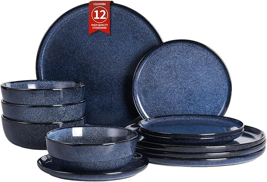 Ceramic Plates and Bowls Sets: 12 Piece Porcelain Dinnerware Sets, Stoneware Kitchen Dishes Set for 4, Scratch Resistant Plate Set, Microwave Dishwasher Oven Safe, Reactive Glaze (Blue)