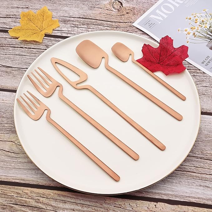 JASHII 28-Piece Silverware Set, 304 Stainless Steel Flatware Cutlery Set Service for 4, Metal Eating Utensil Set, Including Fruit Fork and Ice scoop, Hangable & Matte - Dishwasher Safe - Rose Gold