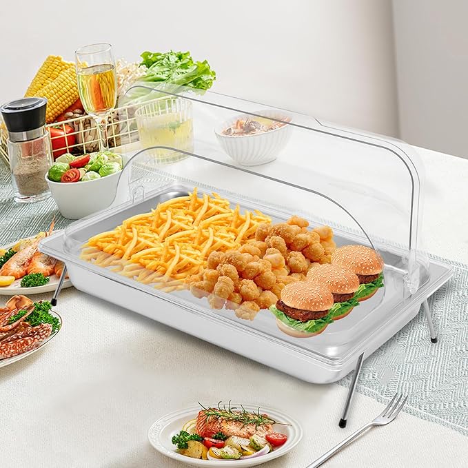 Silver Countertop Food Serving Display Container, 0.79Gal Stainless Steel Catering Supplies Buffet Display, Salad Fruit Trays Restaurant Containers with Lids (1Pan-with 4 Non-slip Feet)
