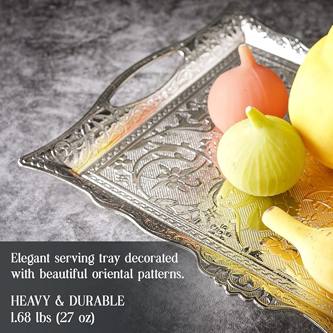 Crystalia Fancy Ottoman Serving Trays, Elegance Metal Turkish Trays for Beverage Serving, Vintage Ottoman Rectangular Tray with Handles, Decorative Turkish Tea Coffee, Dessert Table