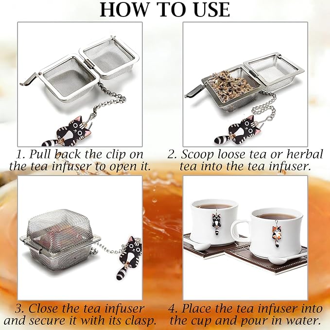 Cat Tea Infuser Set, 2PCS Cubic Loose Leaf Tea Steeper Reusable Stainless Steel Mesh Bags, Cute Tea Strainer with Wagging-Tail Cat Charms (Tuxedo & Calico)