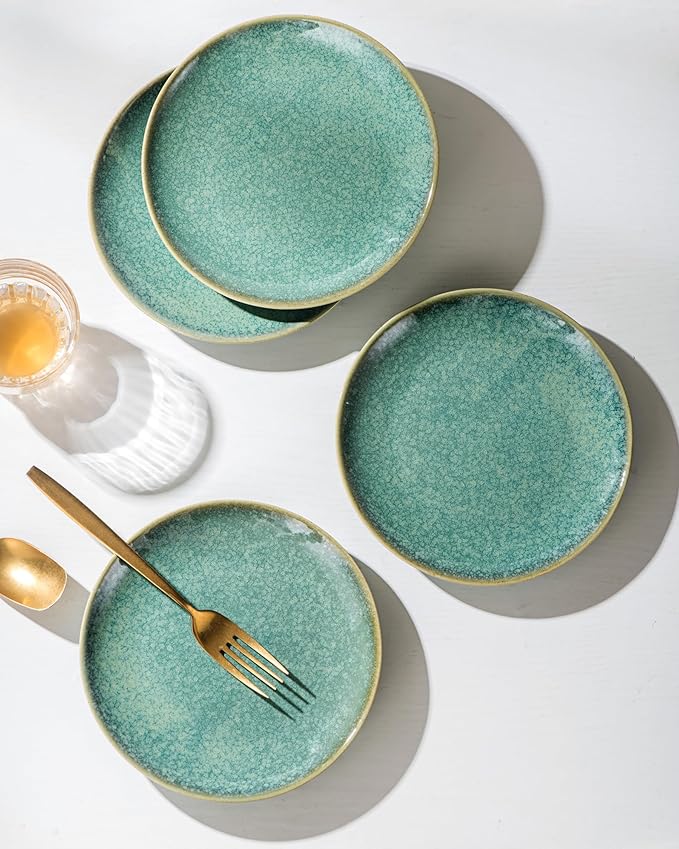 HENXFEN LEAD Dessert, Salad Plates 8 Inch, Porcelain Serving Dishes for Appetizers, Snacks, Pancakes - Kitchen Dinnerware Set Dishwasher, Microwave Safe - Reactive Green