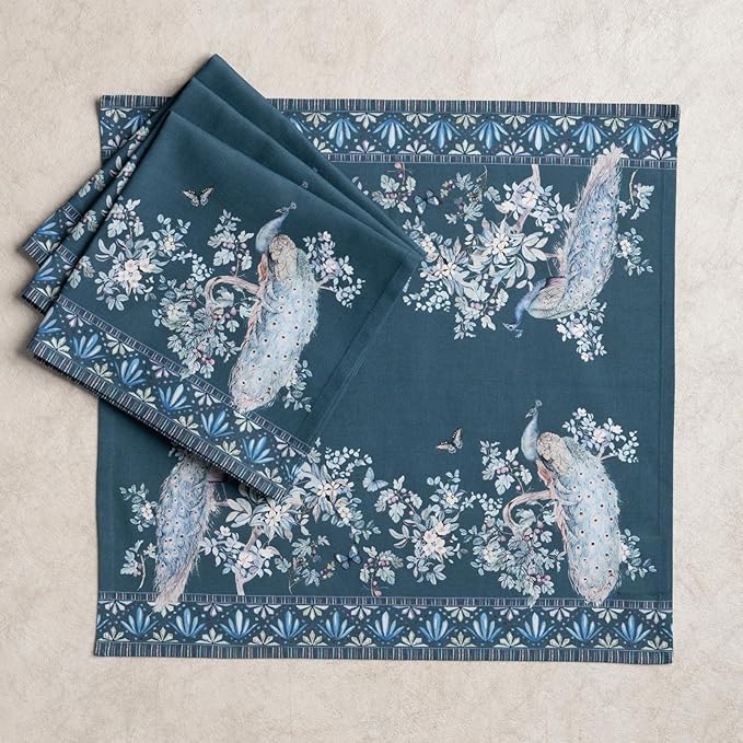 Maison d' Hermine Napkin 100% Combed Cotton Premium 20"x20" Decorative Washable Table Cloth Napkins Set of 4 for Dining, Holidays, Buffet & Wedding Use Campagne - Peacock Utopia - Deep Sea