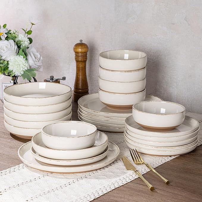 AmorArc Dinnerware Sets with Pasta Bowls for 6, Handpainted Stoneware Plates and Bowls Set with Rustic Terracotta Underside, Scratch Resistant Dishes Set, Dishwasher & Microwave Safe, 24 Pcs