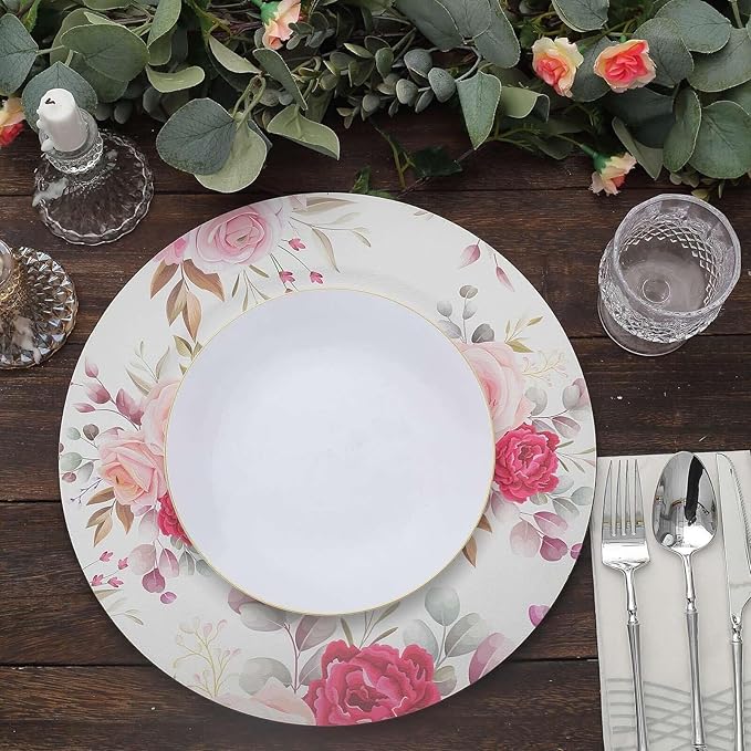 Efavormart 6 Pack | 13" Rose Flower Design Plastic Serving Plates, Disposable Spring Floral Print Charger Trays
