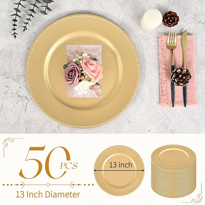 fani 50 Pcs Gold Charger Plates Bulk, 13'' Round Beaded Dinner Charger Plates, Plastic Reusable Vintage Table Decoration for Wedding, Party, Reception, Event, Holiday Supplies