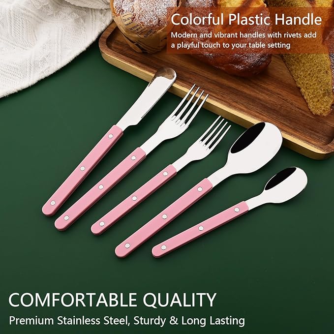 20 PCS Stainless Steel Flatware Set for 4, Silverware Set with Colored Handles, Retro Style Forks Spoons and Knives Set, Vintage Eating Utensils, Pink Acrylic Handle with Rivets Design
