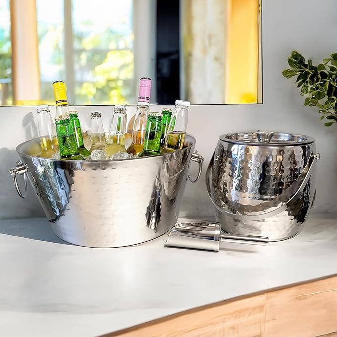 BREKX Stainless Steel Beverage Tub and Ice Bucket with Lid and Scoop Party Combo Pack, Silver Double-Walled Insulated Barware Set