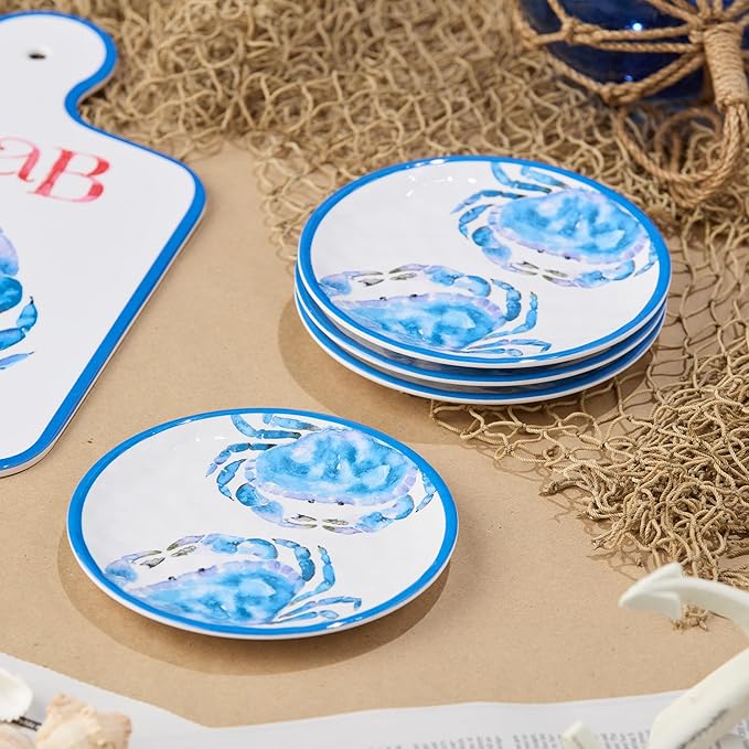 Beach House Crab 8-Piece Melamine Canapé Plate & Dip Bowl Set – Coastal Serveware for Appetizers, Snacks, Dips & Desserts – Shatterproof, Chip-Resistant, Indoor/Outdoor Dining & Entertaining