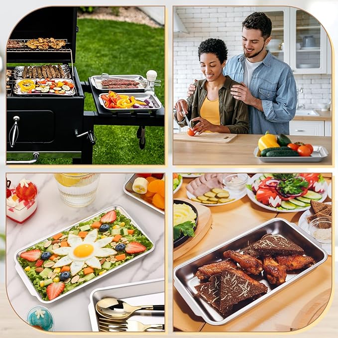 Silver 12 Pcs Small Stainless Steel Serving Tray Bulk 8.66'' x 4.33'' Rectangle Stainless Steel Food Serving Platter with Handle Vanity Tray Decorative Party Plate for BBQ Buffet Appetizer