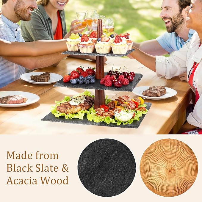 3 Tier Serving Tray Stand, Square Slate & Acacia Wood Tiered Display for Desserts, Appetizers, Cupcakes - Rustic Modern for Weddings, Parties, Christmas