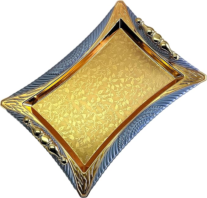 (Pack of 2 14.1 inch x 10.2 inch Star Shape Iron Gold Serving Tray with Handles Floral Engraved Decorative Holiday Wedding Birthday Dessert Wine Candle Platter Plate Party NC-216